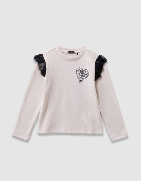 Camiseta beige bordado rosa volantes tul niña - IKKS