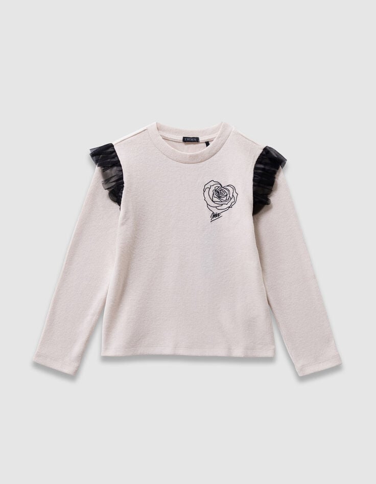 Camiseta beige bordado rosa volantes tul niña-1