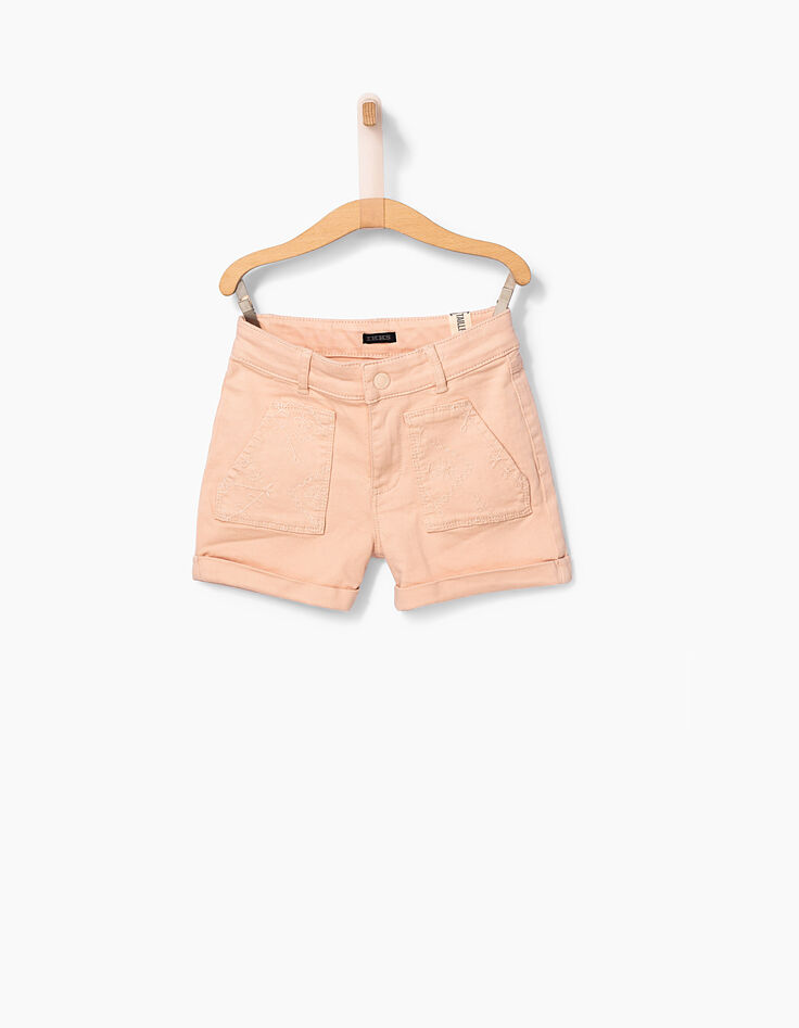 Short en jean rose poudré à poches dentelle fille-1