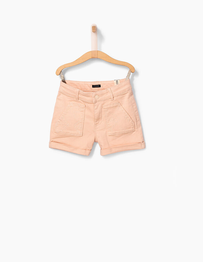 Girls’ powder pink denim shorts with lace pockets - IKKS
