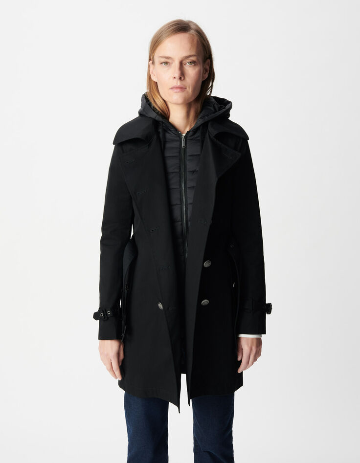 Zwarte trenchcoat voor Dames met afneembare nylon capuchon-3
