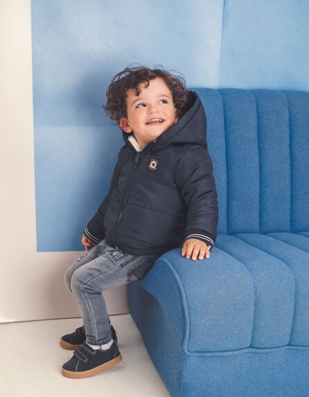 Baby boy’s navy and white Sherpa reversible padded jacket