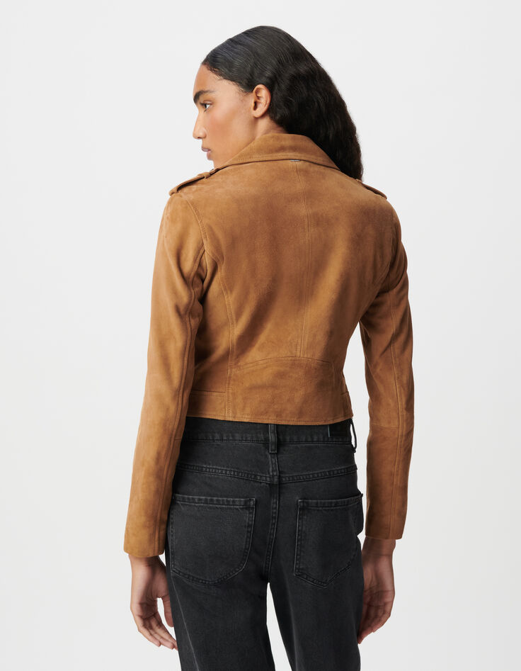 Veste camel cuir velours esprit motard Femme-3