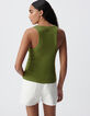 Women's green rib-knit tank top with herringbone embroidery on back-3