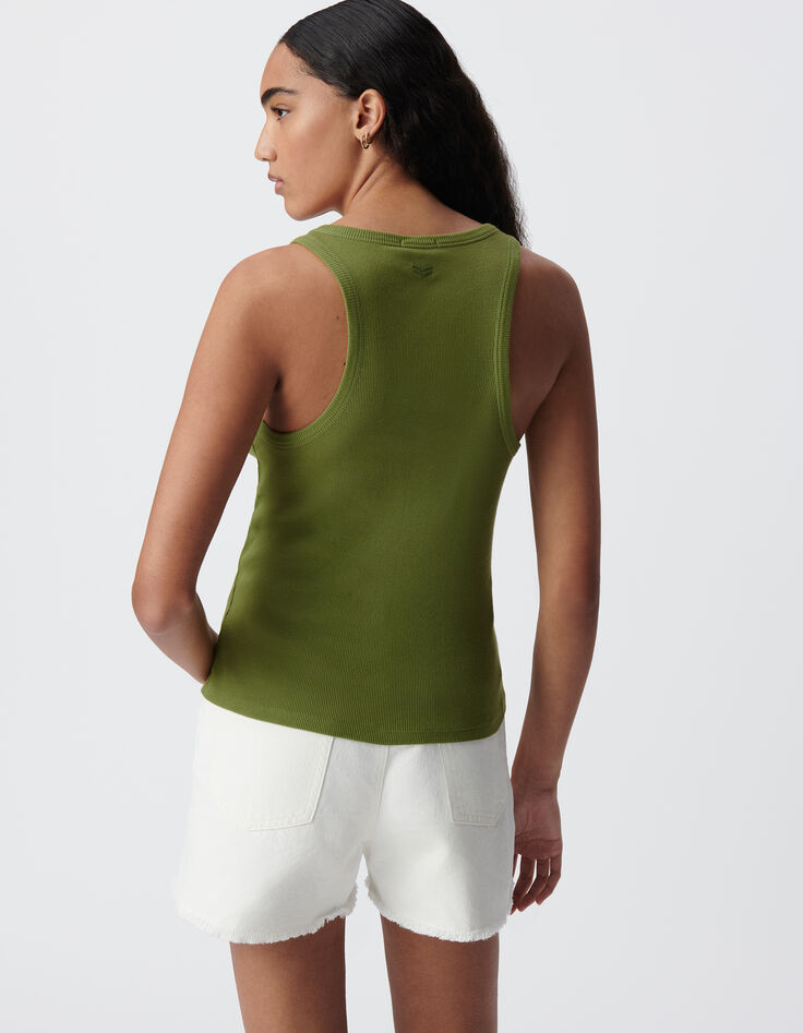 Women's green rib-knit tank top with herringbone embroidery on back-3