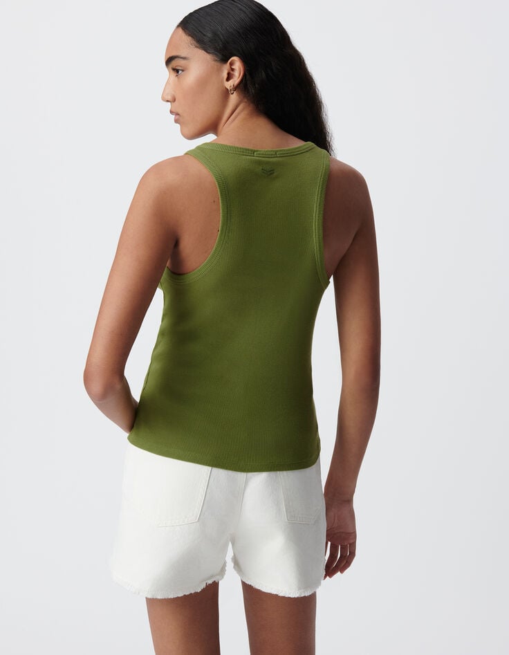 Women's green rib-knit tank top with herringbone embroidery on back-3 Women's green rib-knit tank top with herringbone embroidery on back-3