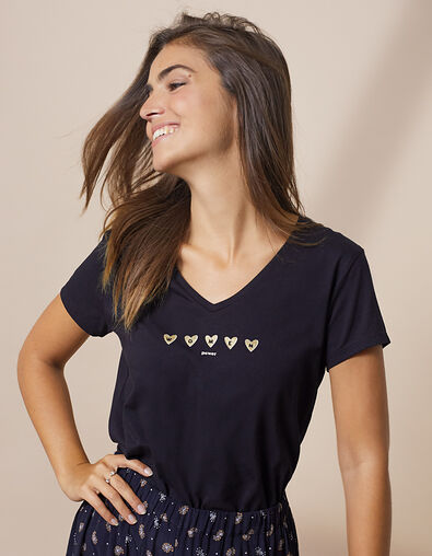 I.Code black T-shirt with gold hearts and slogan