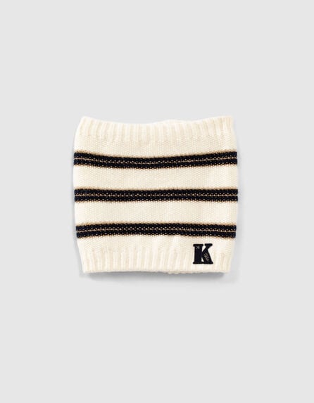 Girls’ ecru knit snood with navy and gold stripes