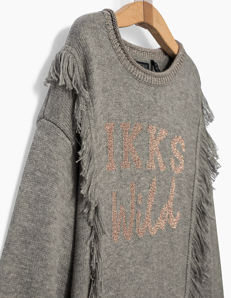 Pull gris à franges côtés et marquage cuivré fille-4 Pull gris à franges côtés et marquage cuivré fille-4