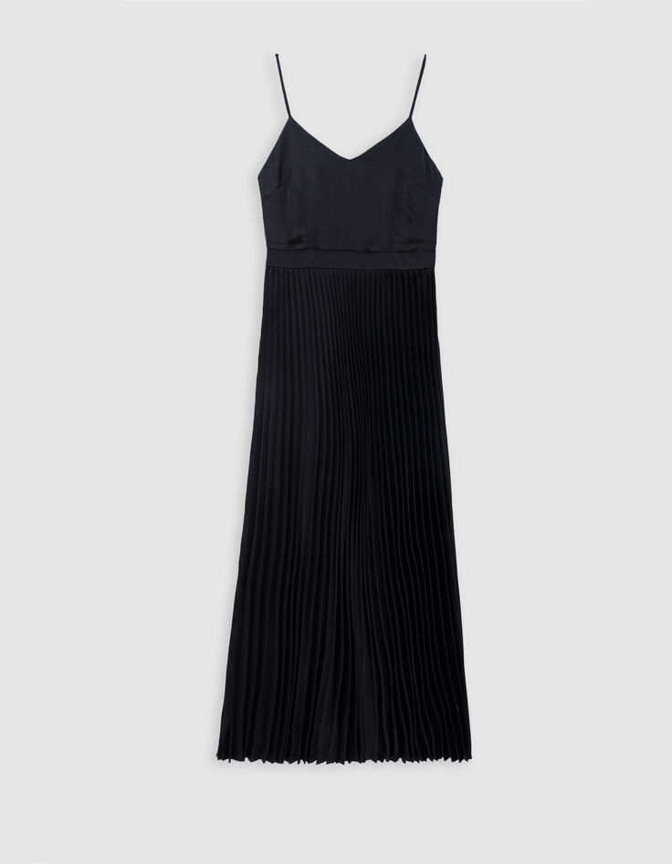 Women's pleated black maxi dress with thin straps-5