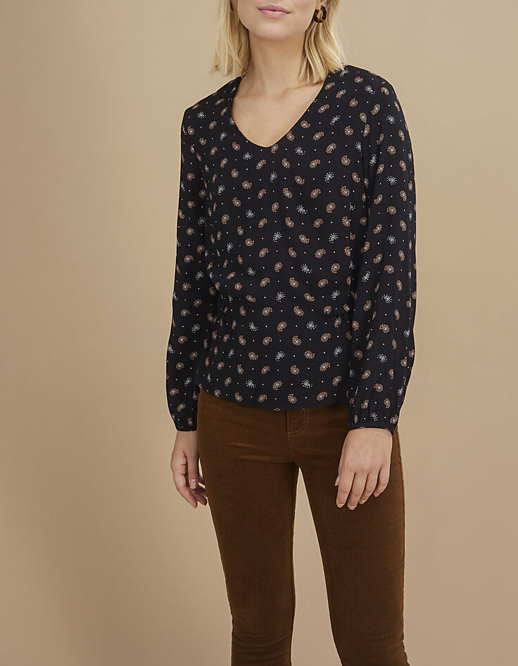 Blouse noire imprimé cachemire cravate I.Code-2