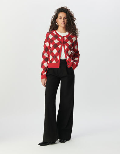 Women’s red diamond jacquard knit cardigan - IKKS