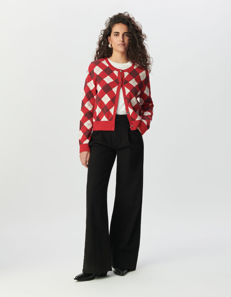 Women’s red diamond jacquard knit cardigan-1