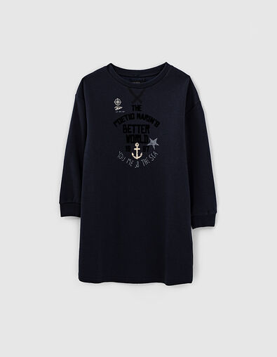 Robe-sweat navy fonc&eacute; molleton &agrave; message velours fille - IKKS