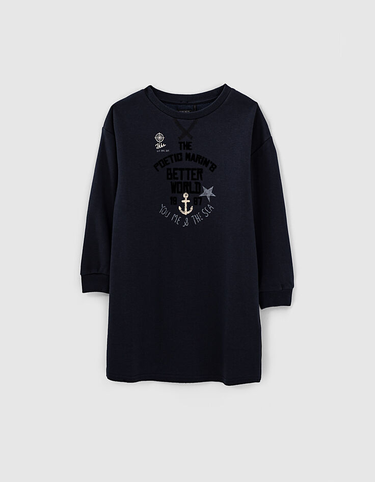 Robe-sweat navy fonc&eacute; molleton &agrave; message velours fille-1