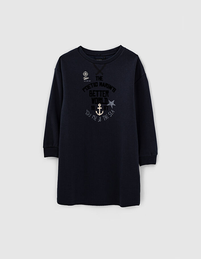 Girls’ dark navy sweatshirt dress with velvet slogan - IKKS