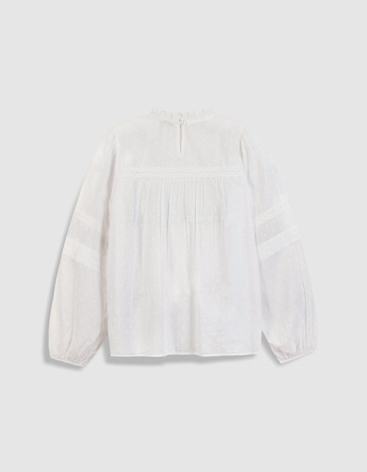 Blusa blanca de jacquard y encaje para mujer-7