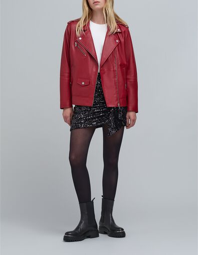 Veste cuir rouge esprit motard poches zippées Femme - IKKS