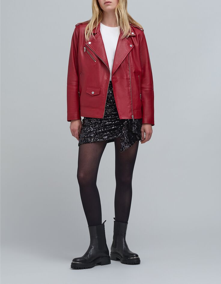 Veste cuir rouge esprit motard poches zippées Femme-1 Veste cuir rouge esprit motard poches zippées Femme-1