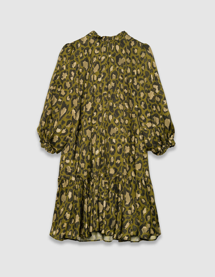 Khaki weites Damenkleid mit Leo-Fleckenprint-5