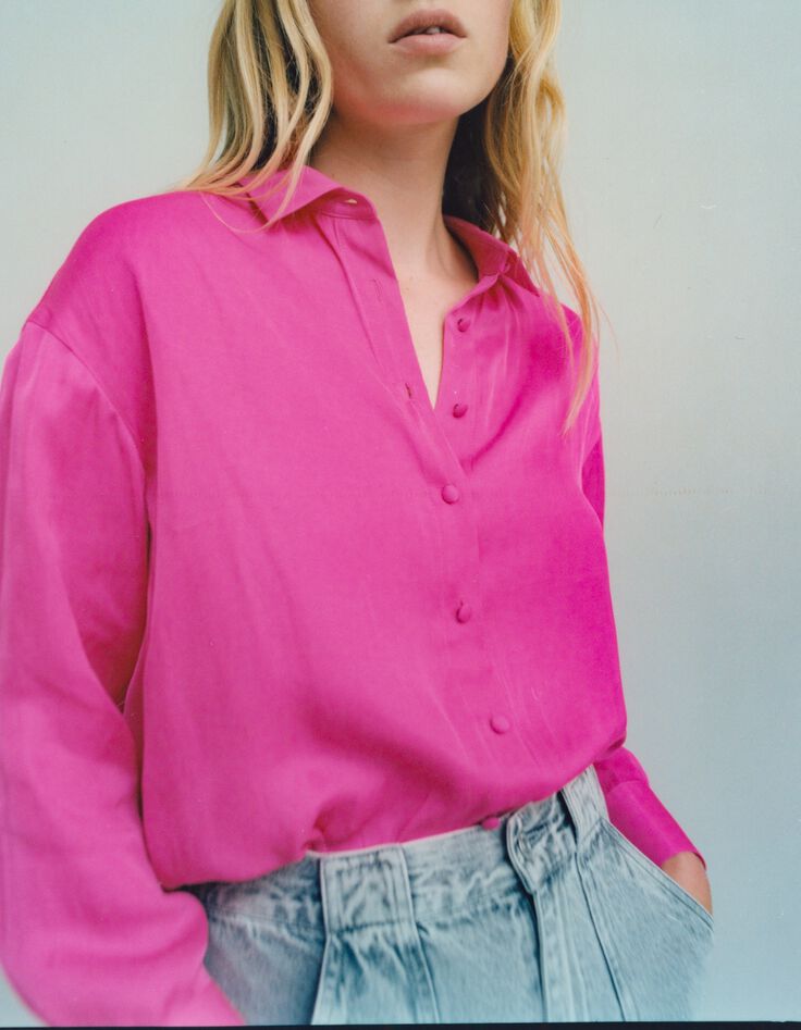 Chemise fuchsia satinée froissée Femme-7