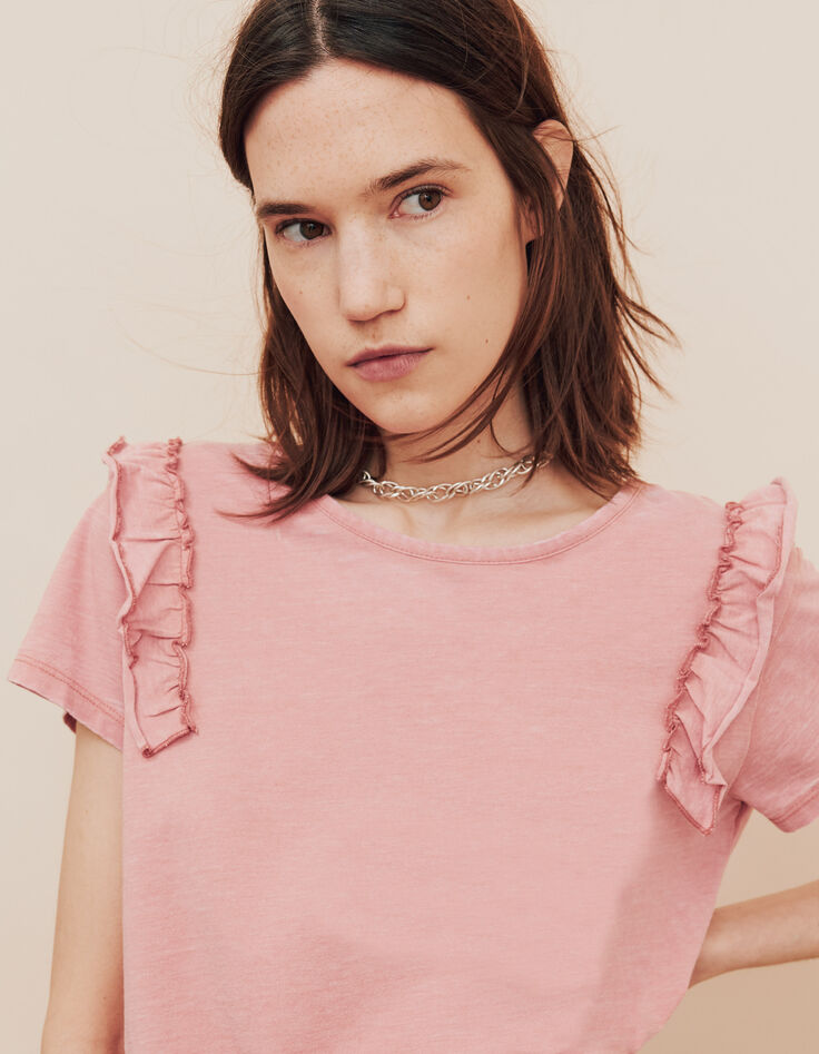 Tee-shirt rose devant dos épaules volantées femme-4 Tee-shirt rose devant dos épaules volantées femme-4