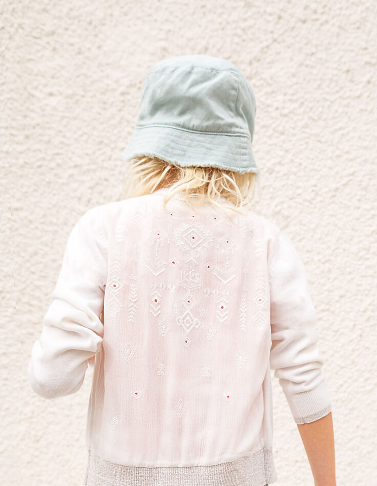 Cardigan blanc cassé bi matière brodé dos fille-2