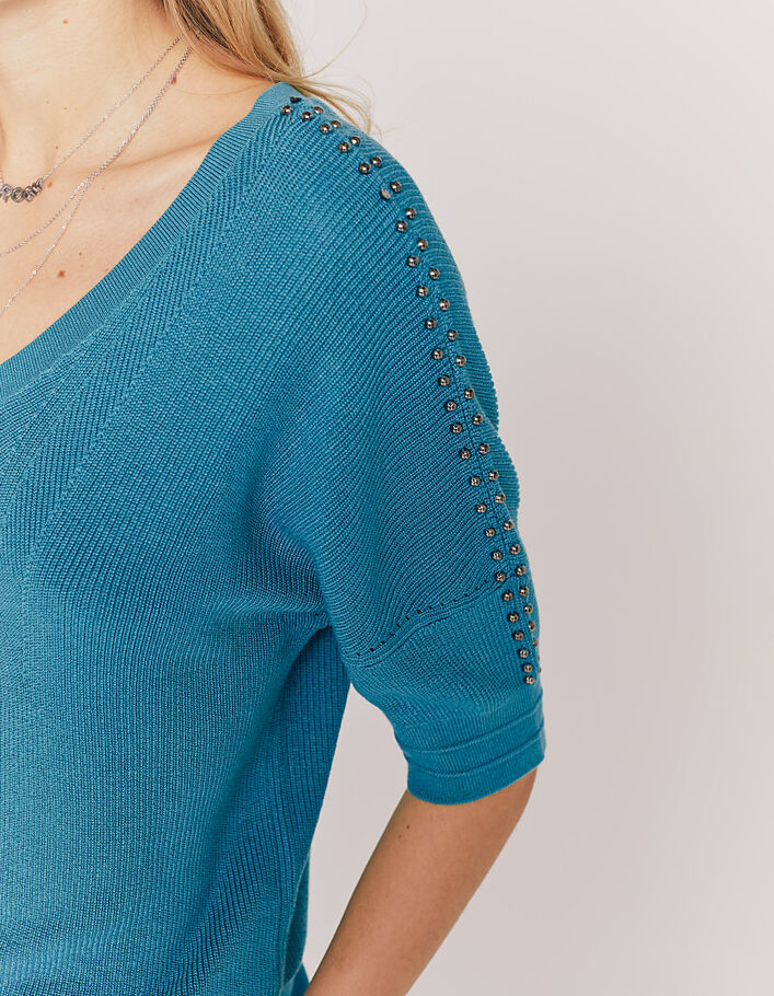 Women’s emerald openwork knit beaded short-sleeve sweater - IKKS