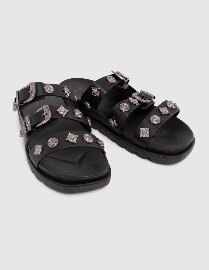 Mules noires triple bride western rock Femme-2