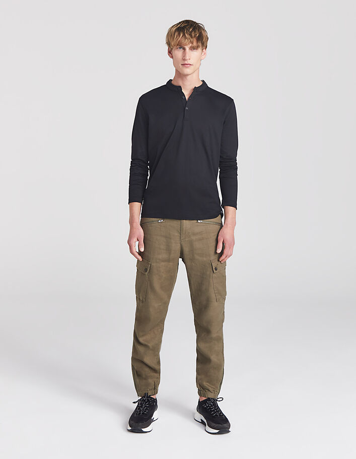 Men’s khaki linen elasticated cuff CROPPED combat trousers