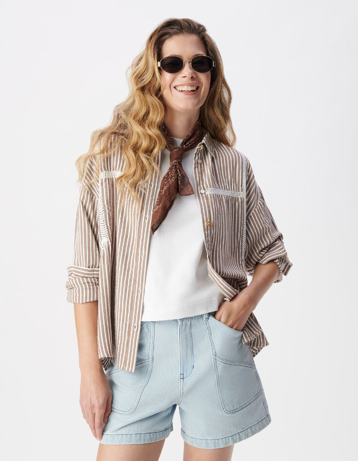 Chemise marron motif rayures galons dentelle Femme-2