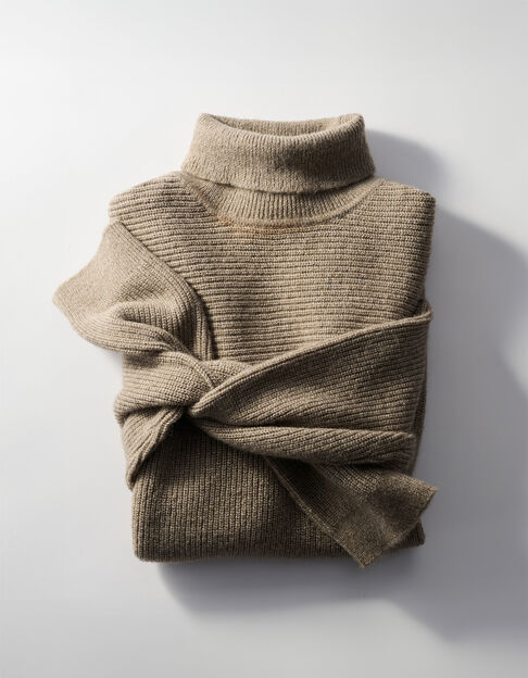 Pull col roul&eacute; beige tricot c&ocirc;tel&eacute; Homme - IKKS