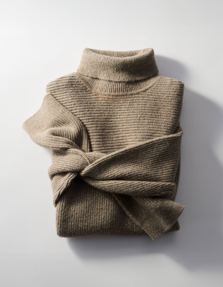 Beige trui rolkraag ribbreiwerk Heren-5