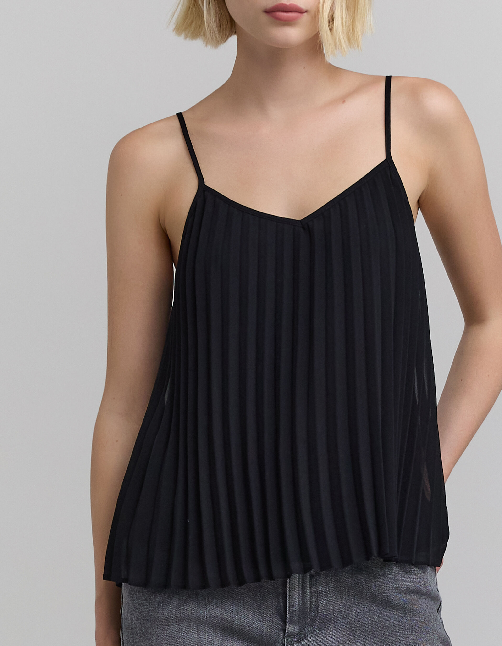 Women s black recycled pleated camisole lined with straps