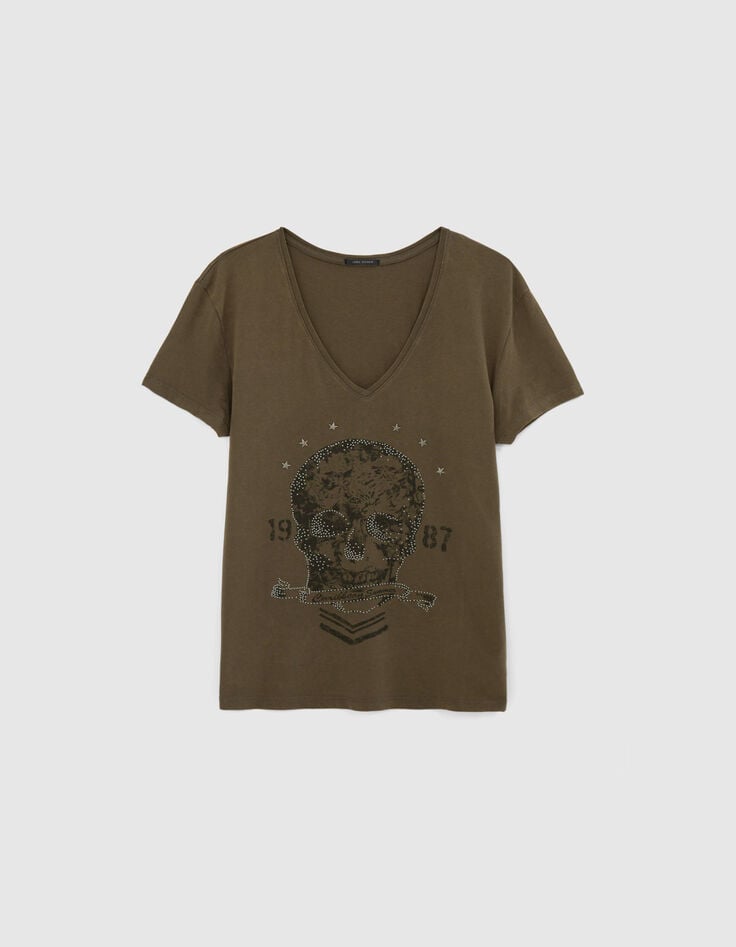 Kaki Damen-T-Shirt mit Totenkopfprint und Strass-6
