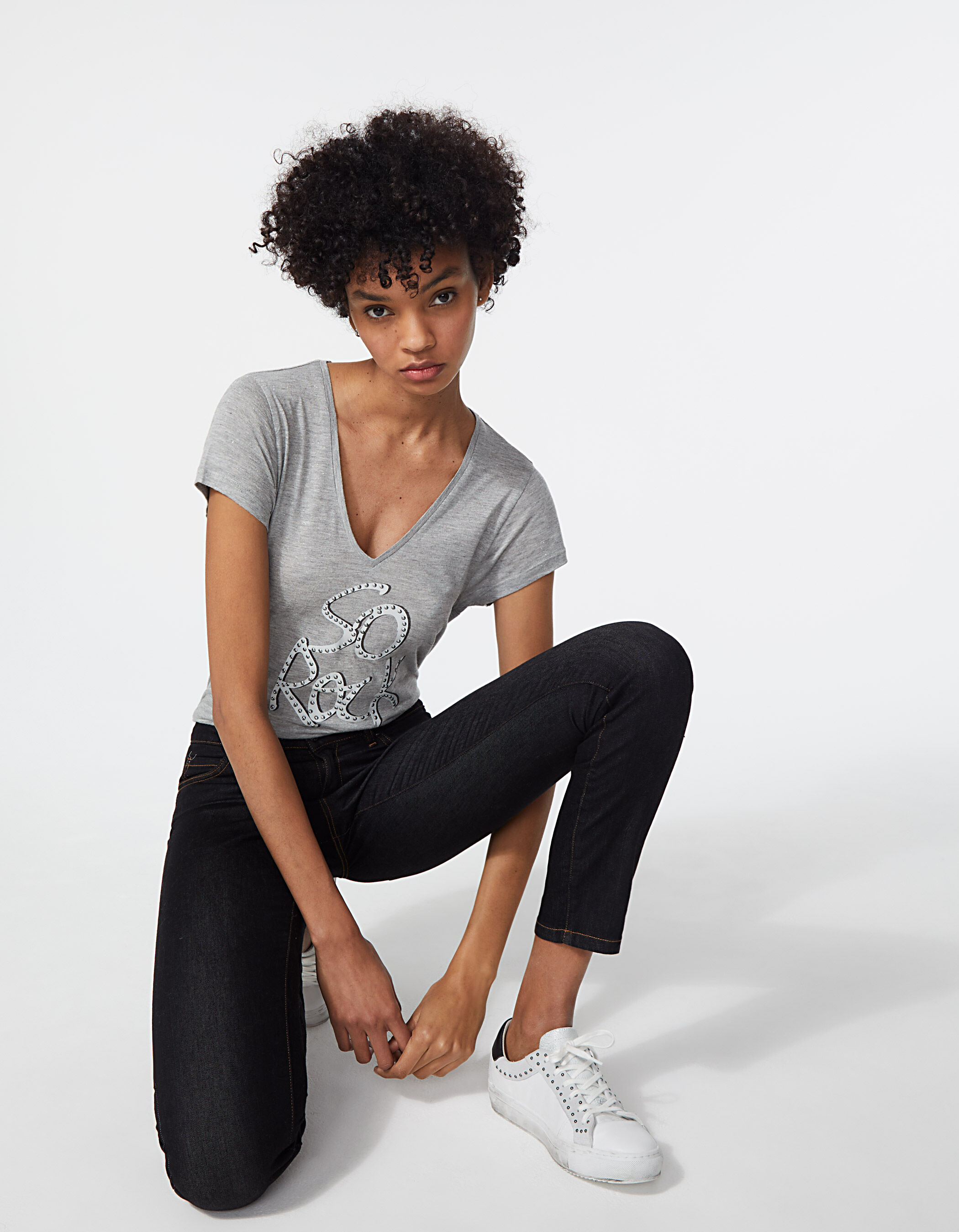 Grijs T shirt V hals viscose studs dames