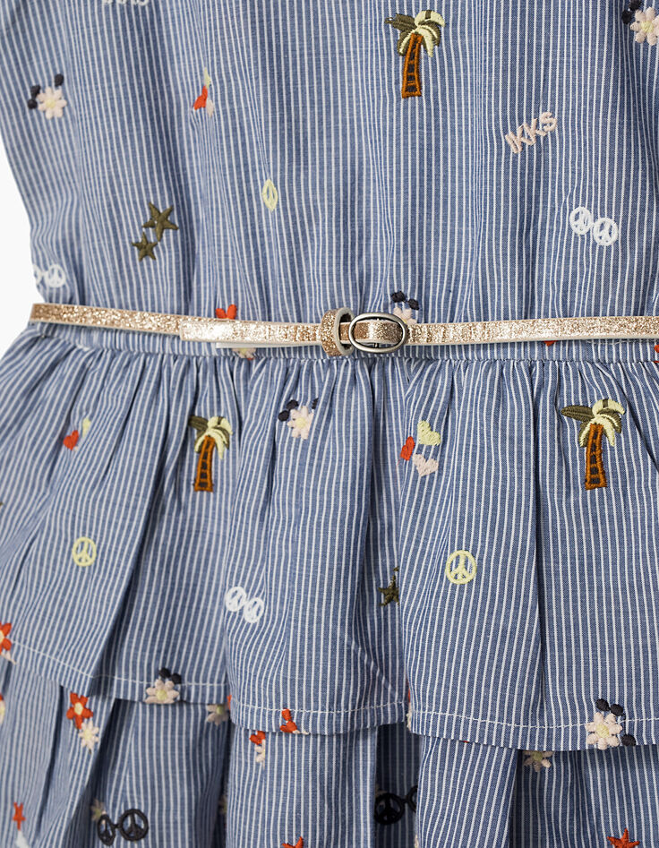 Robe bleu foncé à rayures et broderies fille-4