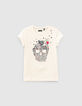 Ecru T-shirt doodshoofd glitterbloemen meisjes-1
