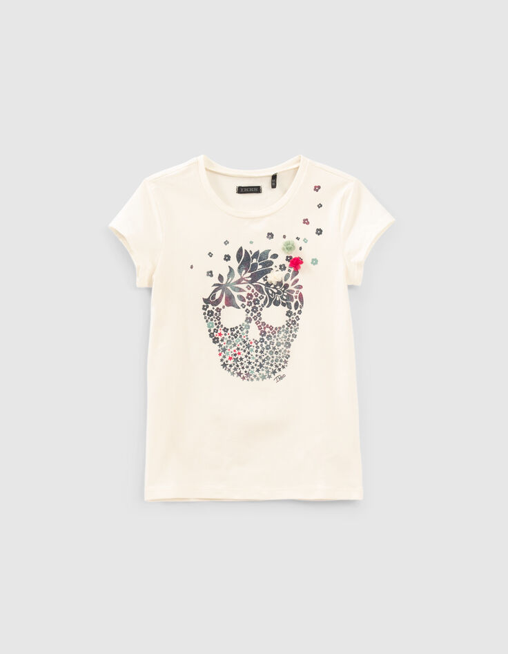 Ecru T-shirt doodshoofd glitterbloemen meisjes-1