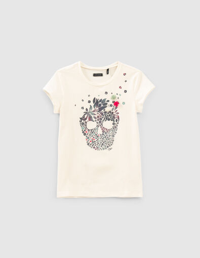 T-shirt écru tête de mort fleurs pailletées fille - IKKS