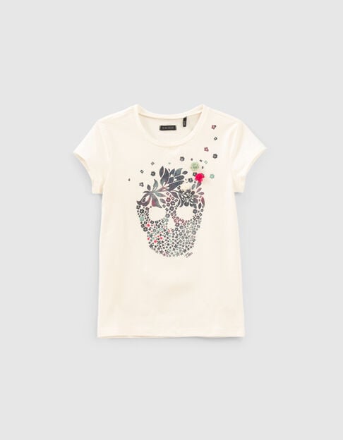 Girls’ ecru T-shirt with skull and glittery flowers