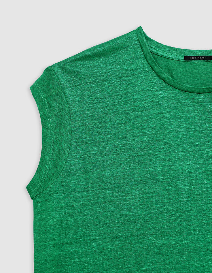 Camiseta verde de punto de lino para mujer-5