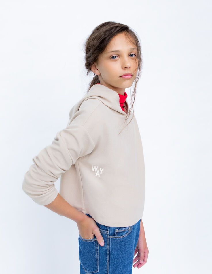 Girls&rsquo; beige hooded T-shirt with XL print on back-7