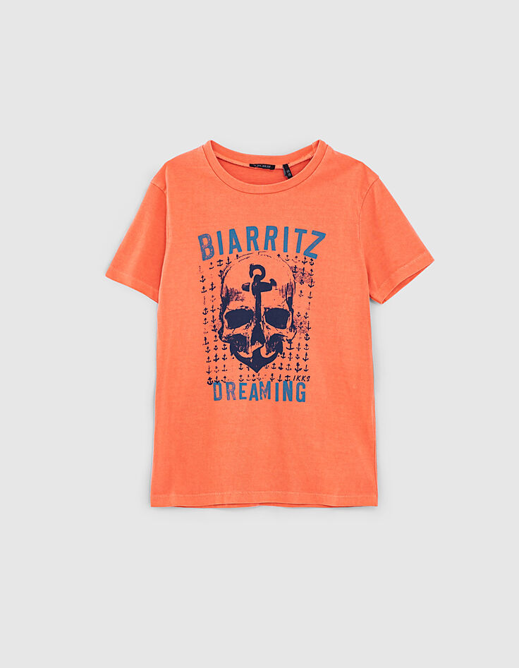 Boys’ coral organic cotton T-shirt with skull and anchor-1