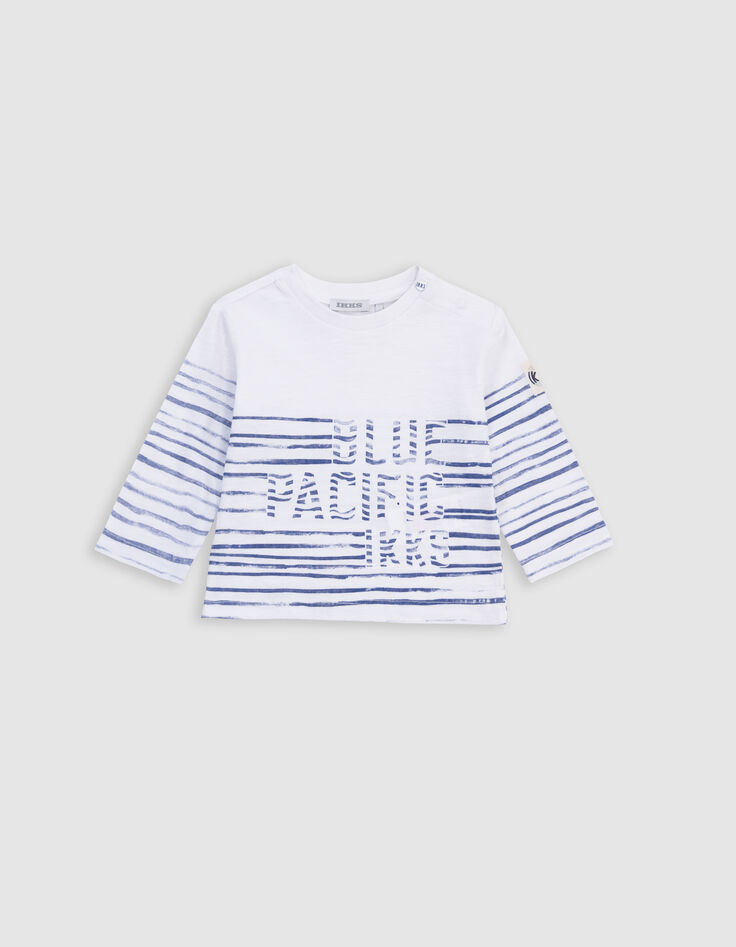 T-shirt blanc coton bio rayures et message bébé garçon-1