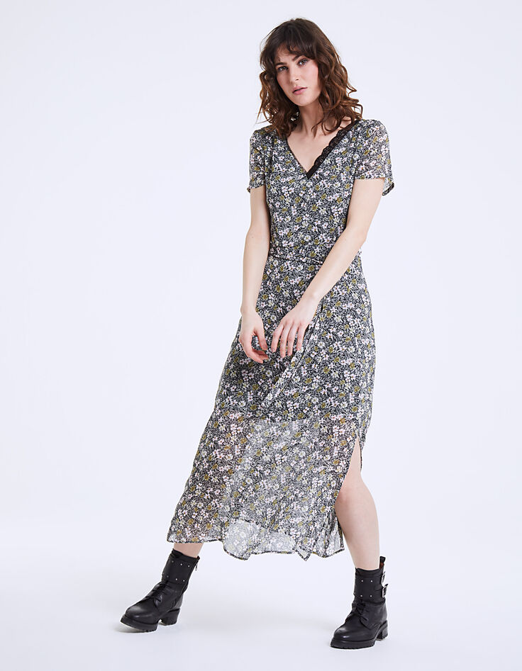 Robe longue en voile imprimé floral col dentelle-2