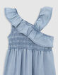 Robe en jean bleue smockée bretelle asymétrique fille-4