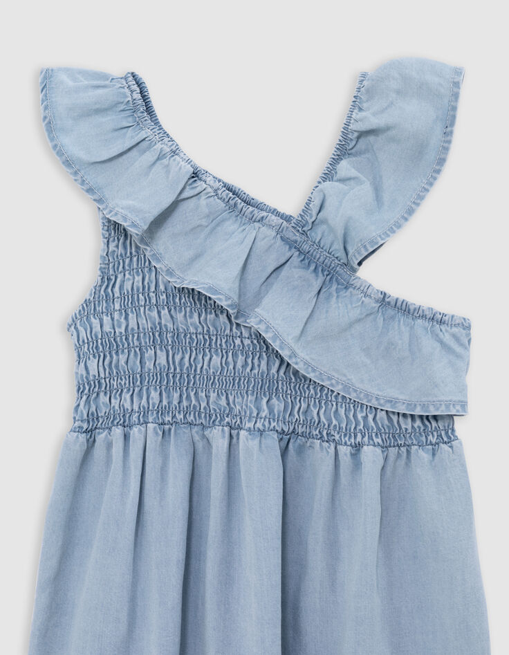 Robe en jean bleue smockée bretelle asymétrique fille-4