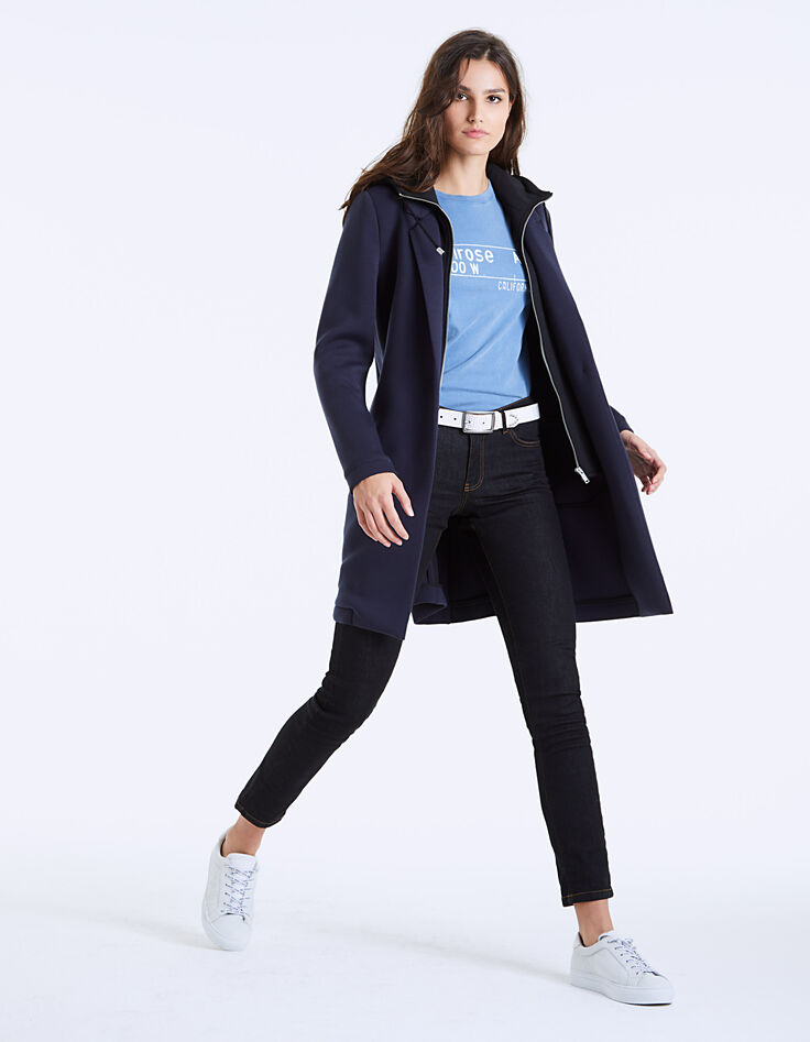 Manteau mi-long néoprène à capuche amovible femme-6