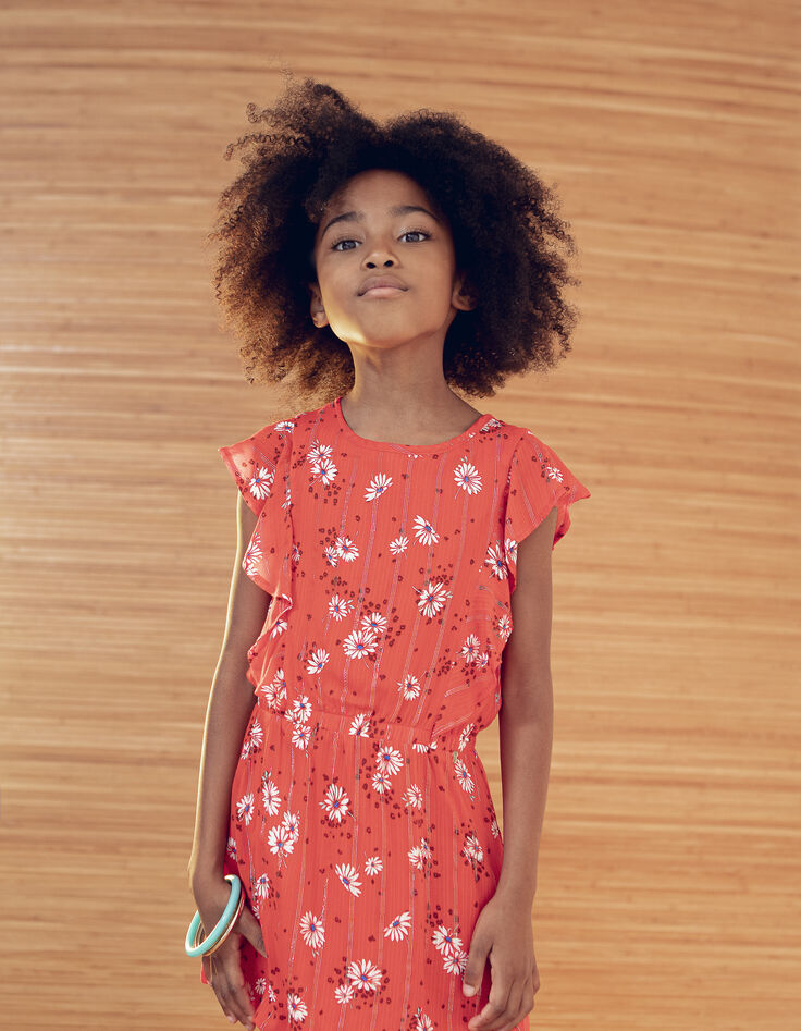 Robe orange foncé imprimé fleurs fille-1